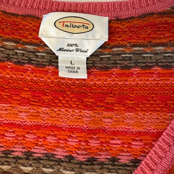 Talbots Merino Wool Sweater L Striped V-Neck Pink Red Brown Cozy Cottagecore - Picture 3 of 5